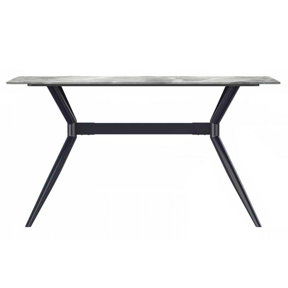 Modern Light Grey Glass Dining Table with Black Steel Base, 62"