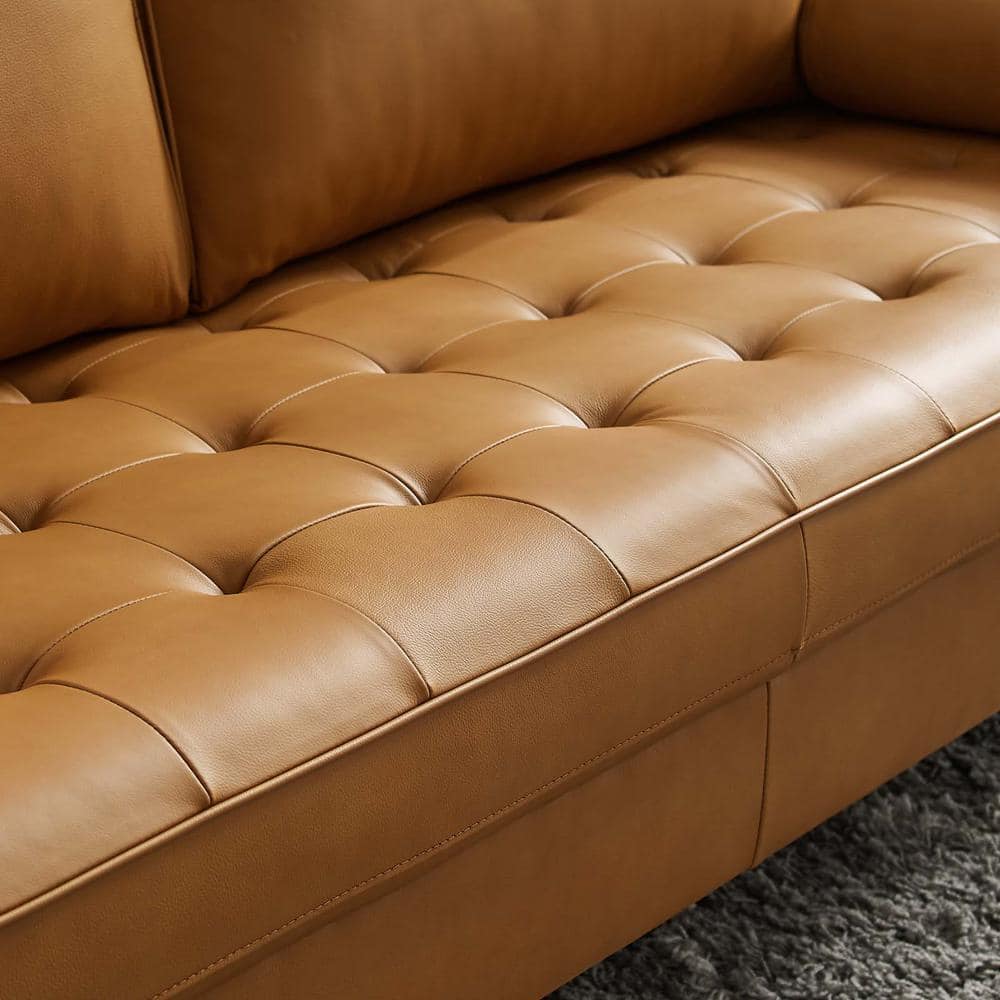 Mid-Century 73'' Tufted Brown Leather Sofa with Walnut Wood Legs