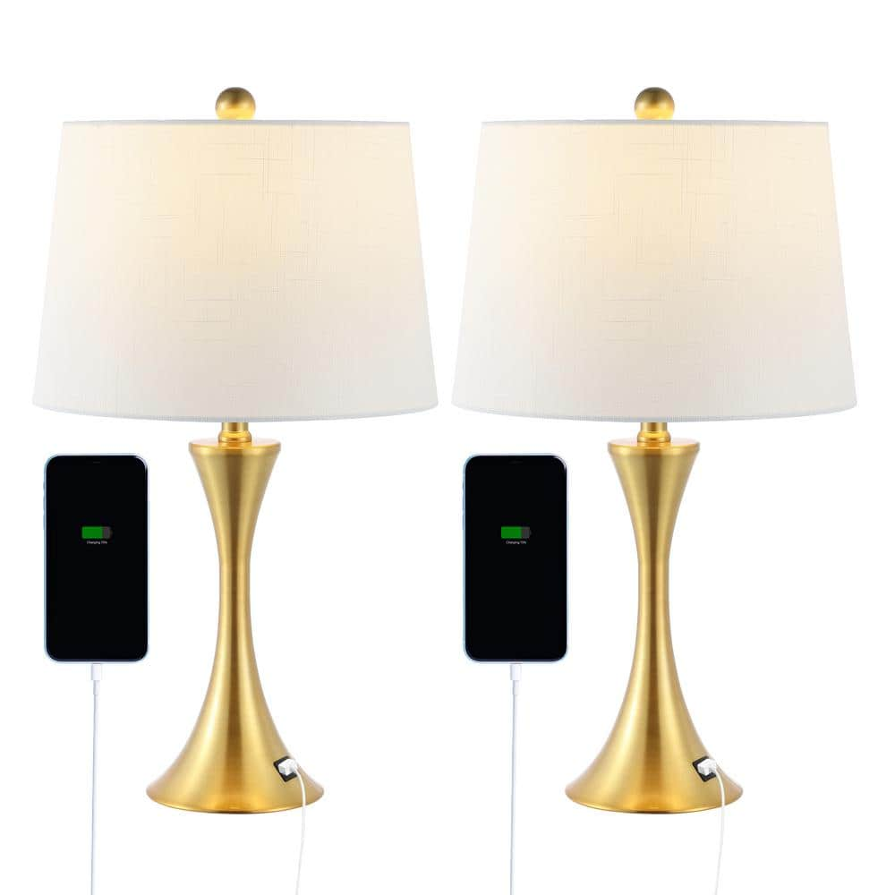 JONATHAN Y Bennett 22.75 in. Modern Iron Hourglass LED Table Lamp Set with Linen Shade and USB Charging Port, Brass Gold (Set of 2)