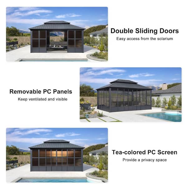 PURPLE LEAF 12ft.x16ft. Sunroom Hardtop Gazebo Solarium Galvanized