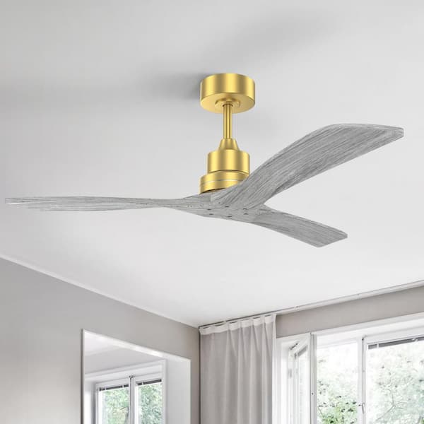 52 in. Indoor/Outdoor 6-Speed Standard Downrod Mount Gold Ceiling Fan with Gray Wood Blade DC Motor Remote Control