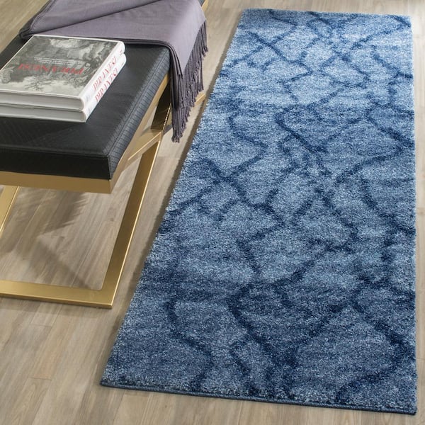 Retro 2 ft. x 13 ft. Blue/Dark Blue Abstract Geometric Runner Rug
