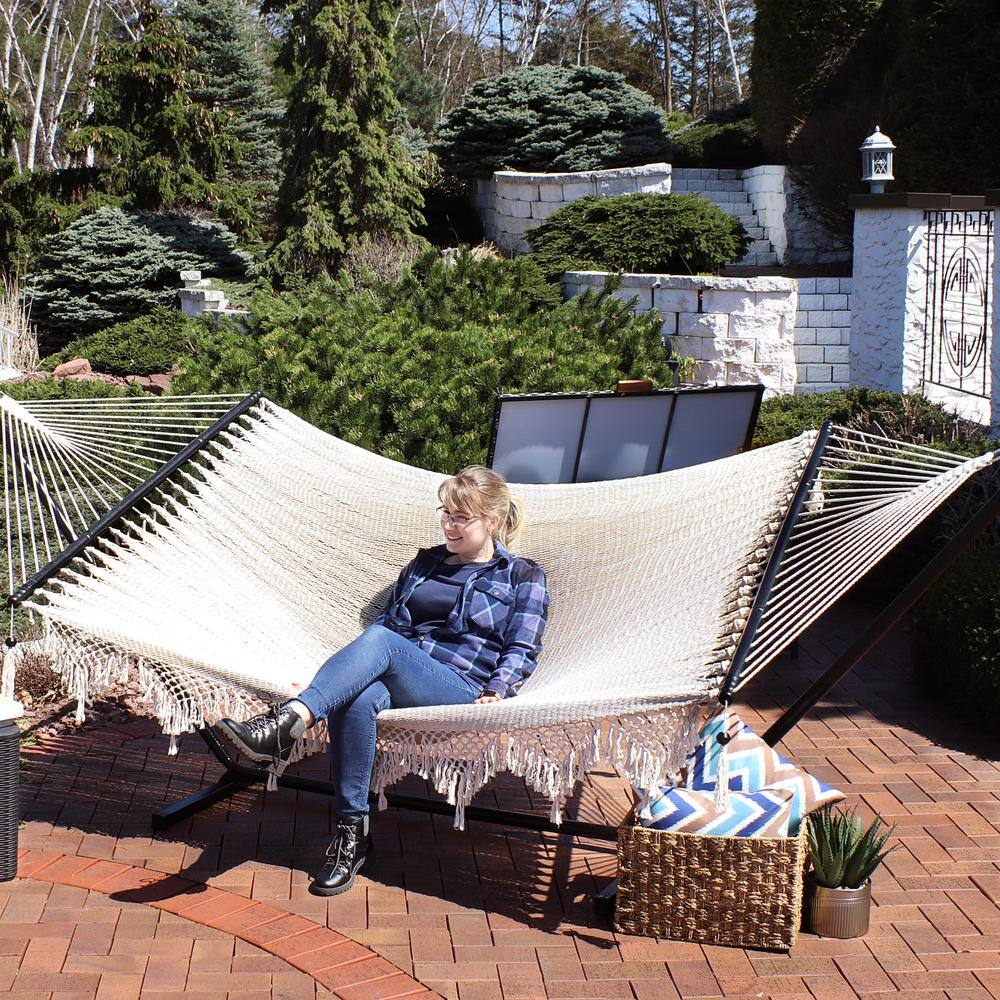 Beige Woven Polyester Hammock with Wooden Spreader Bars