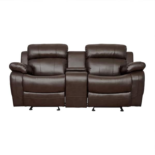 Lazzara Alamo 77.5 in. W Brown Faux Leather Double Glider Manual Reclining Loveseat with Center Console