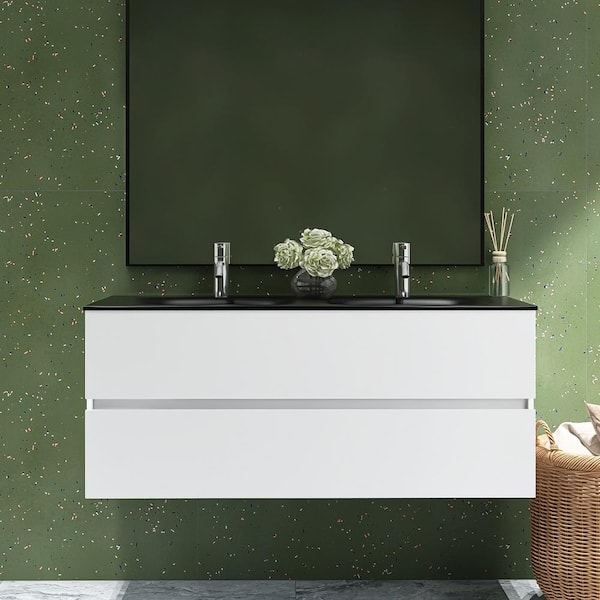 Unbranded Emily 48 in. W x 20 in. D x 20 in. H Double Sinks Bath Vanity in White with Black Quartz Top