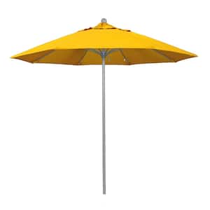 9 ft. Gray Woodgrain Aluminum Commercial Market Patio Umbrella Fiberglass Ribs Push Lift in Sunflower Yellow Sunbrella