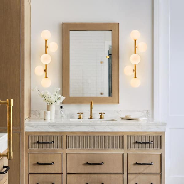 26.38 in. 5-Light Mid-Century Modern Brushed Gold Linear Bathroom Vanity Light with Opal Glass Shades