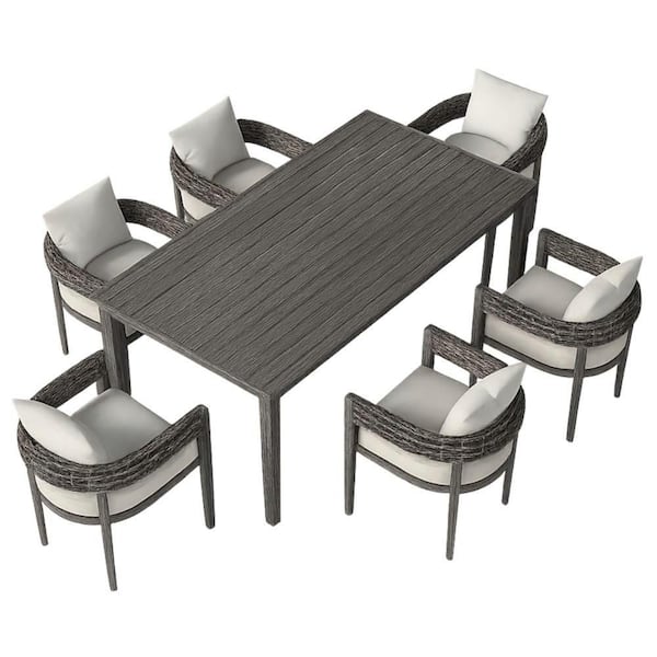 7-Piece Charcoal Wicker Outdoor Dining Set with Gray Cushions, Rectangular Table with PS Wood Top, Seats 6