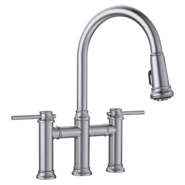 Empressa 2 Handle Gooseneck Bridge Kitchen Faucet with Pull-Down Sprayer in Stainless Steel