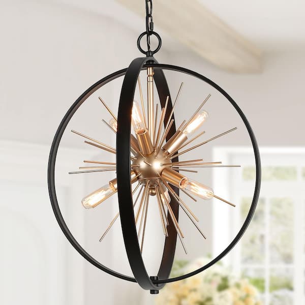 Uolfin Modern Globe Chandelier Pendant Light Cali 6-Light Black & Brass Round Dining Room Chandelier