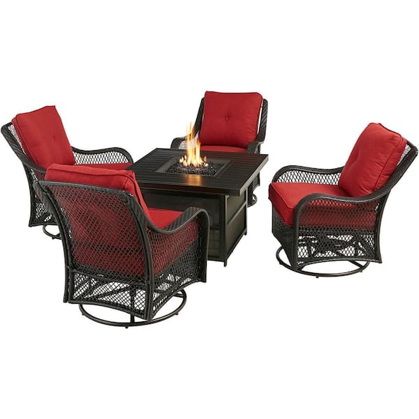 Hanover Orleans 5 Piece Aluminum Patio Fire Pit Set With Red Cushions 4 Wicker Rocker Chairs 38 In Gas Table W Lid Orl5pcslsw4fp Bry - Home Depot Patio Couch Cushions