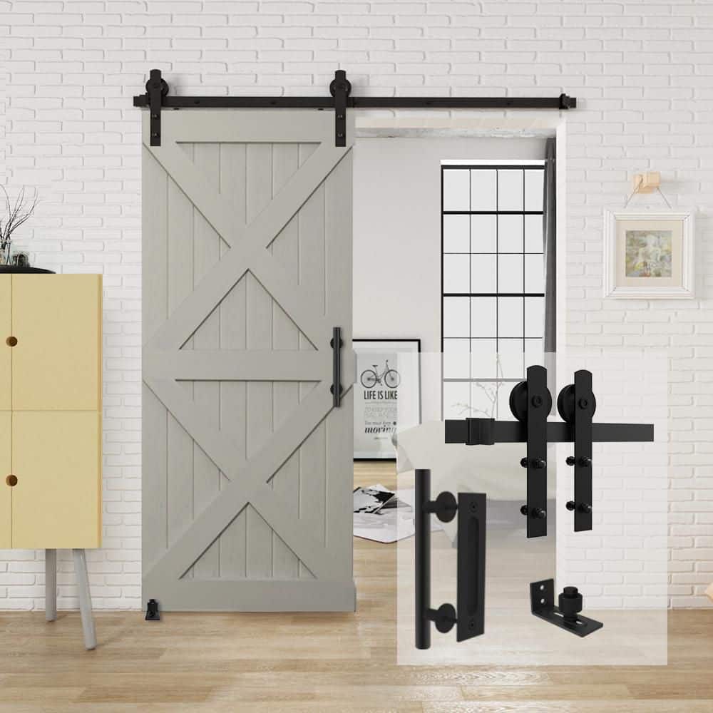 6.6 ft./79 in. Black Steel Straight Strap Sliding Barn Door Track and Hardw