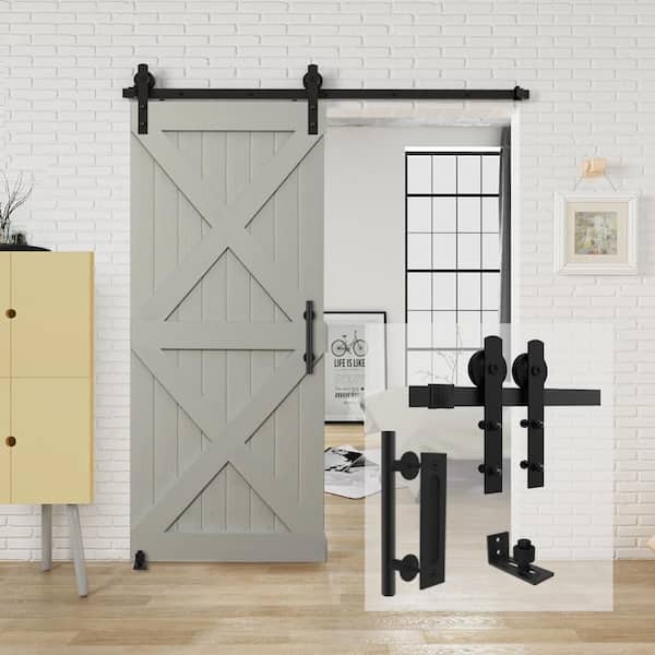 Boyel Living 6.6 ft./79 in. Black Steel Straight Strap Sliding Barn Door Track and Hardware Kit w/12 in. Ladder Pull and Flush Handle