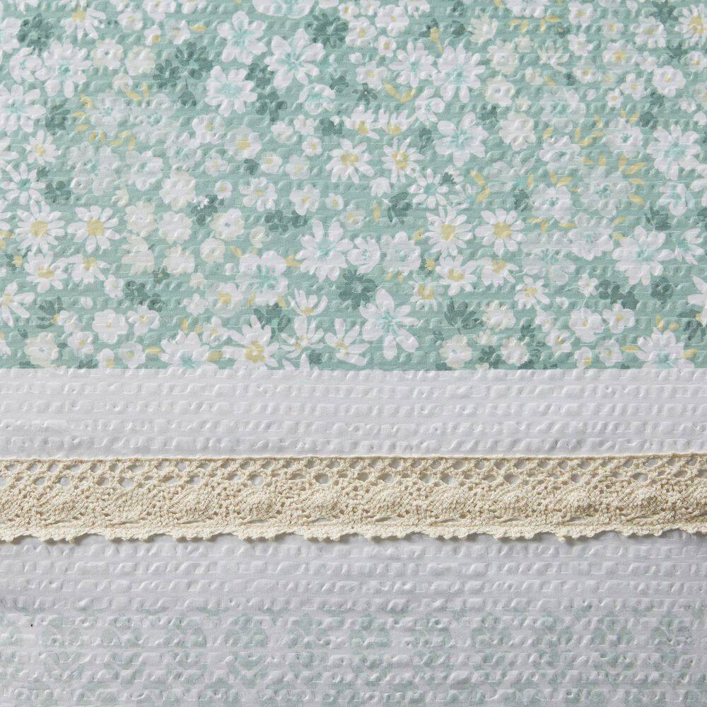 Green Seersucker Floral Full Comforter Set with Throw Pillows
