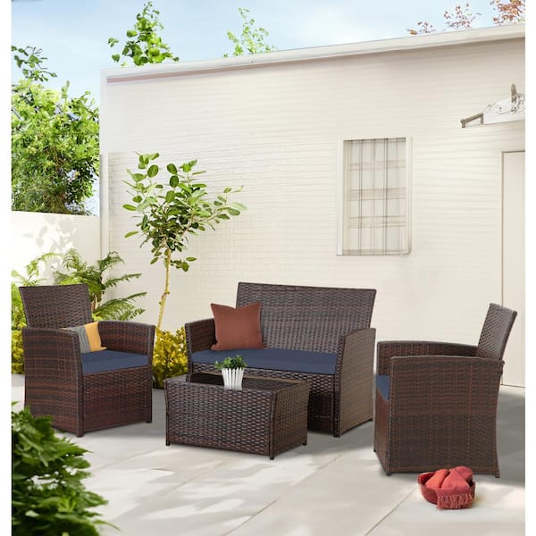 JUSKYS 4-Piece Mixed-Brown Wicker Patio Conversation Furniture Set with Light-Blue Cushions for Garden, Deck, Porch, Lawn, Apt