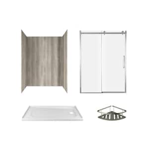 Passage 60 in. x 72 in. Right Drain 4-Piece Glue-Up Alcove Shower Wall, Shelf, Door and Base Kit in Gray Timber