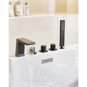 3-Handles Deck-Mount Roman Tub Faucet with Hand Shower in Matte Black (Valve Included)