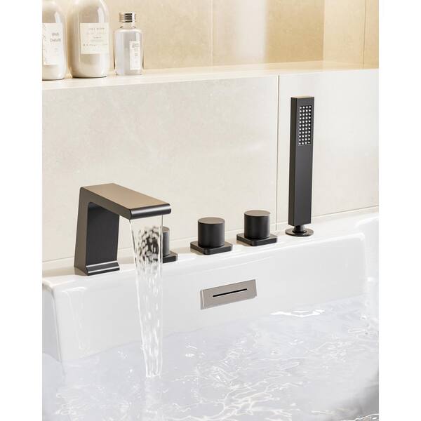 YAWWALK 3-Handles Deck-Mount Roman Tub Faucet with Hand Shower in Matte Black (Valve Included)