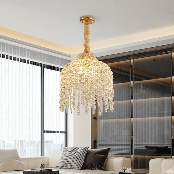 16 in. 5-Light Gold Crystal Pendant Light Chandelier with Teardrop-Shaped Grape Crystal Beaded Shade