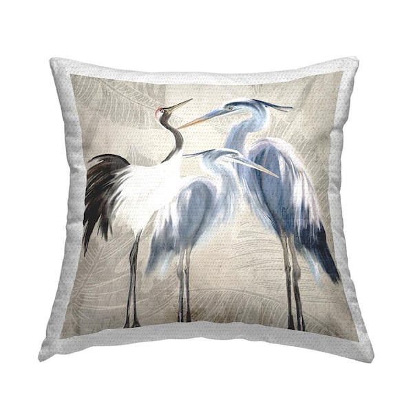 Stupell Industries Egret and Crane Birds Botanical Leaf Pattern Beige Square Outdoor Throw Pillow