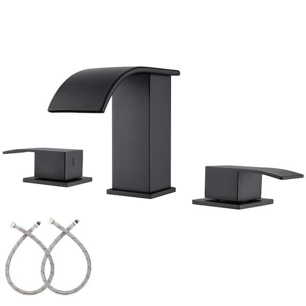 GAGALIFE 8 in. Widespread Double Handle Waterfall Spout Bathroom Vessel Sink Faucet with Supply Lines in Matte Black