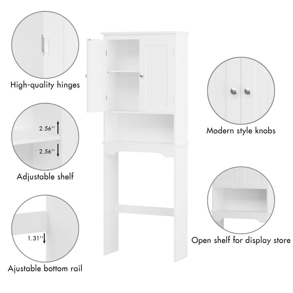 White Wood Over-the-Toilet Storage with Adjustable Shelves and Doors