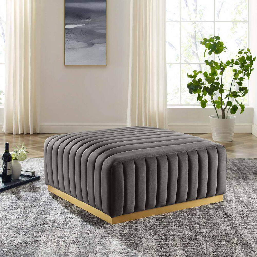Gray and Gold Velvet Tufted Ottoman with Stainless Steel Base