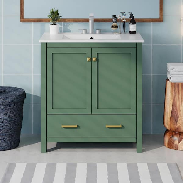 Zolaris 30 in. Modern Freestanding Green Bath Vanity with White Ceramic Top, Shelves, Drawers, Wood