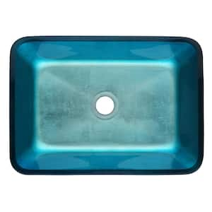 Handmade Countertop Glass Rectangular Vessel Sink in Blue with Single-Handle Faucet and Pop Up Drain in Matte Black