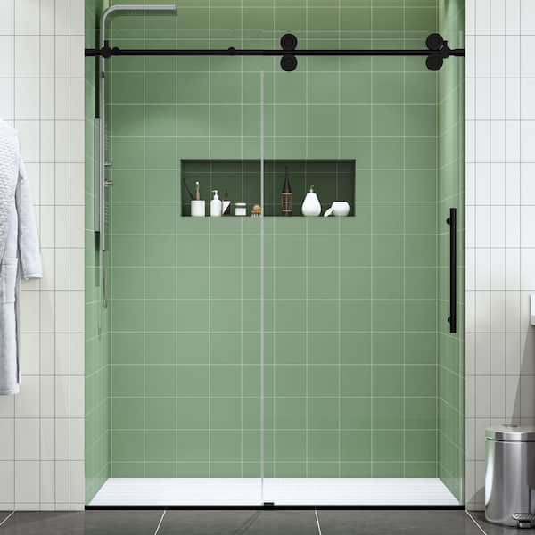 FELYL 60 in. W x 76 in. H Sliding Frameless Shower Door in Black Finish with Clear Glass