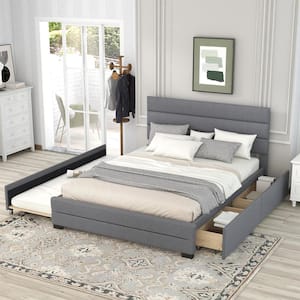 Gray Wood Frame Queen Size Platform Bed with Twin Size Trundle and Two Drawers