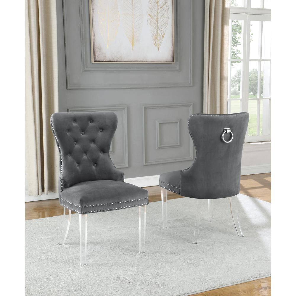 Dark Gray Velvet Tufted Side Chairs with Acrylic Legs, Set of 2