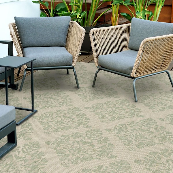 Green/Ivory Tile Medallion 8 ft. x 10 ft. Indoor/Outdoor Area Rug