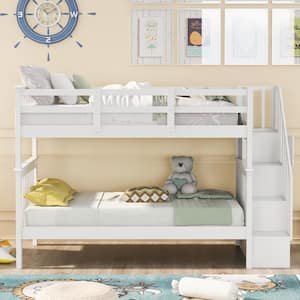 White Twin Bunk Bed with Stairway, Wood Bunk Bed with Book Shelf and Guard Rail, Wood Kids Bunk Bed Frame