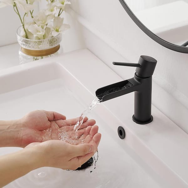 Waterfall Single Handle Single Hole Modern Bathroom Faucet Bathroom Drip-Free Vanity RV Sink Faucet in Matte Black