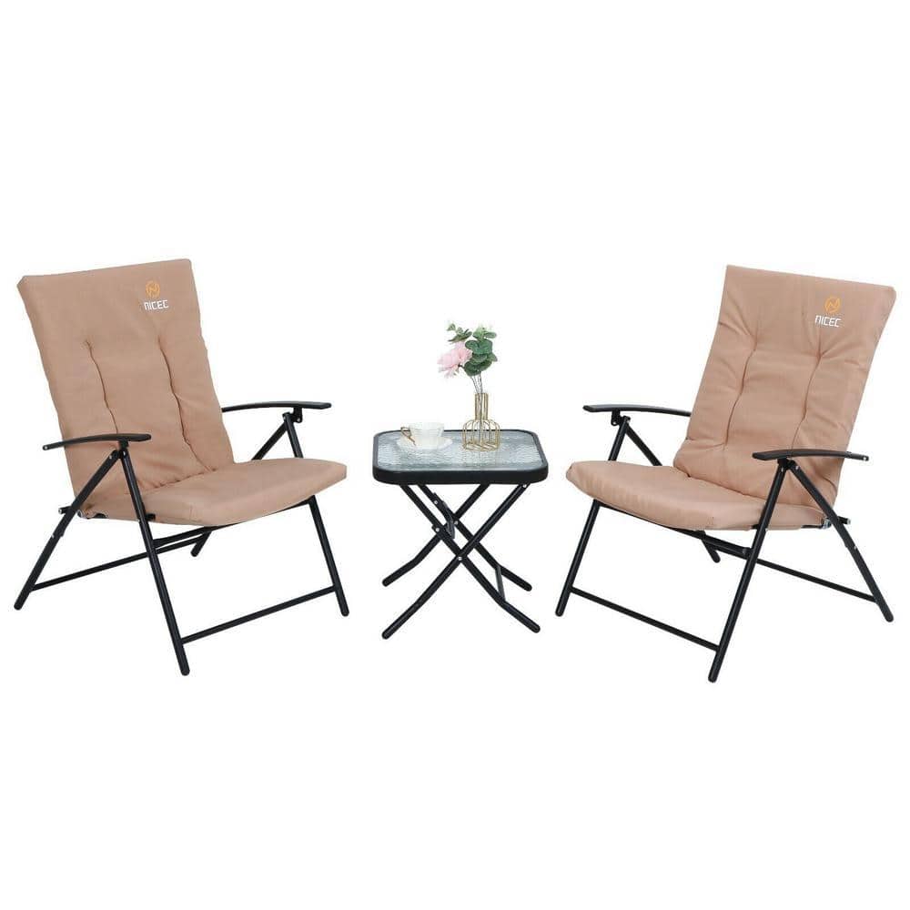 3-Piece Outdoor Dining Set, Power-Coated Metal Frame, Outdoor Bistro Set, with Cushioned Chairs Tempered-Glass Table