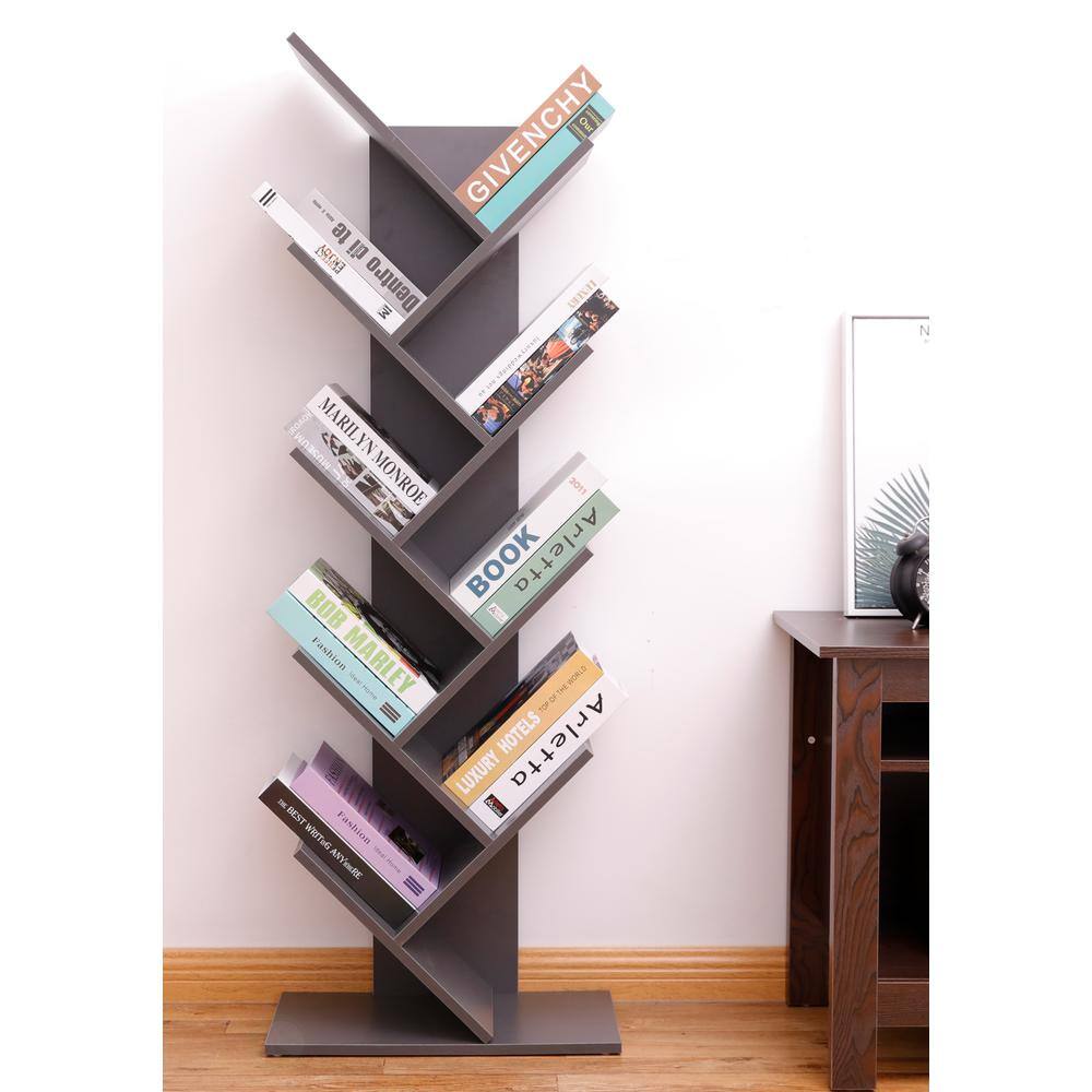Gray Wooden 9-Shelf Tree Bookcase