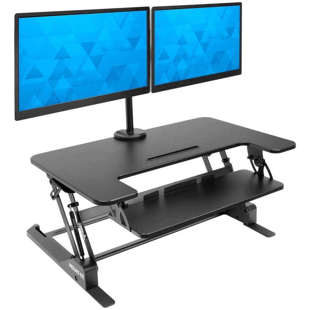 Black Adjustable Standing Desk Converter with Dual Monitor Mount