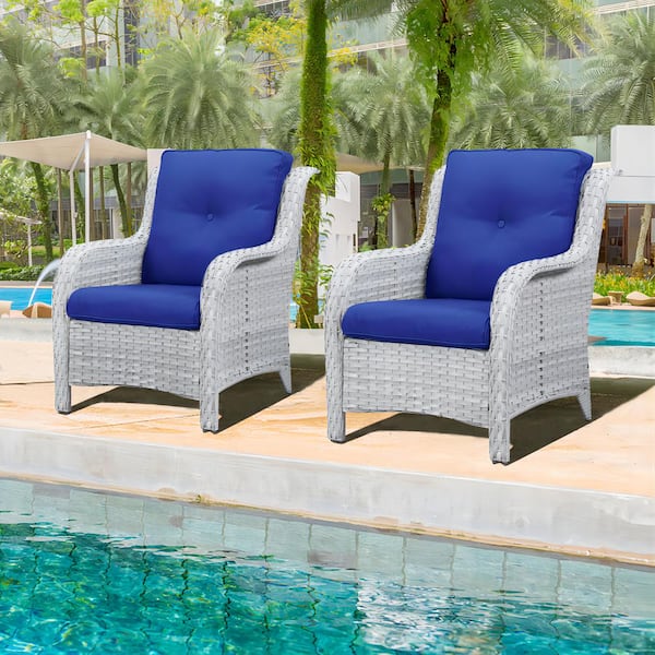 Gymojoy Carolina Light Gray Wicker Outdoor Chaise Lounge Chair with Blue Cushion (2-Pack)