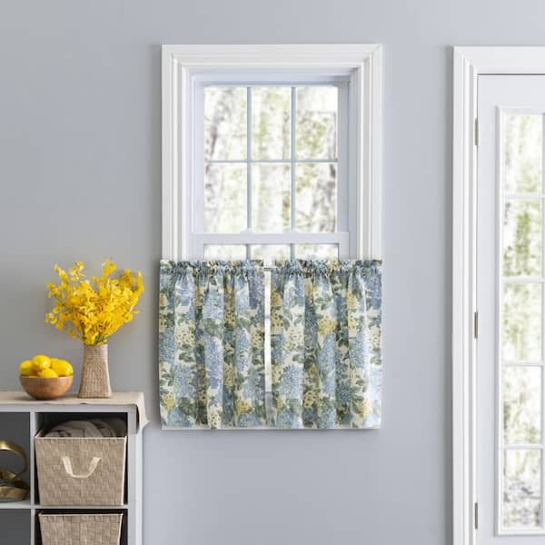 Ellis Curtain Hydrangea Blue Cotton Floral 34 in. W x 36 in. L Rod Pocket Room Darkening Tier Curtain (Set of 2)