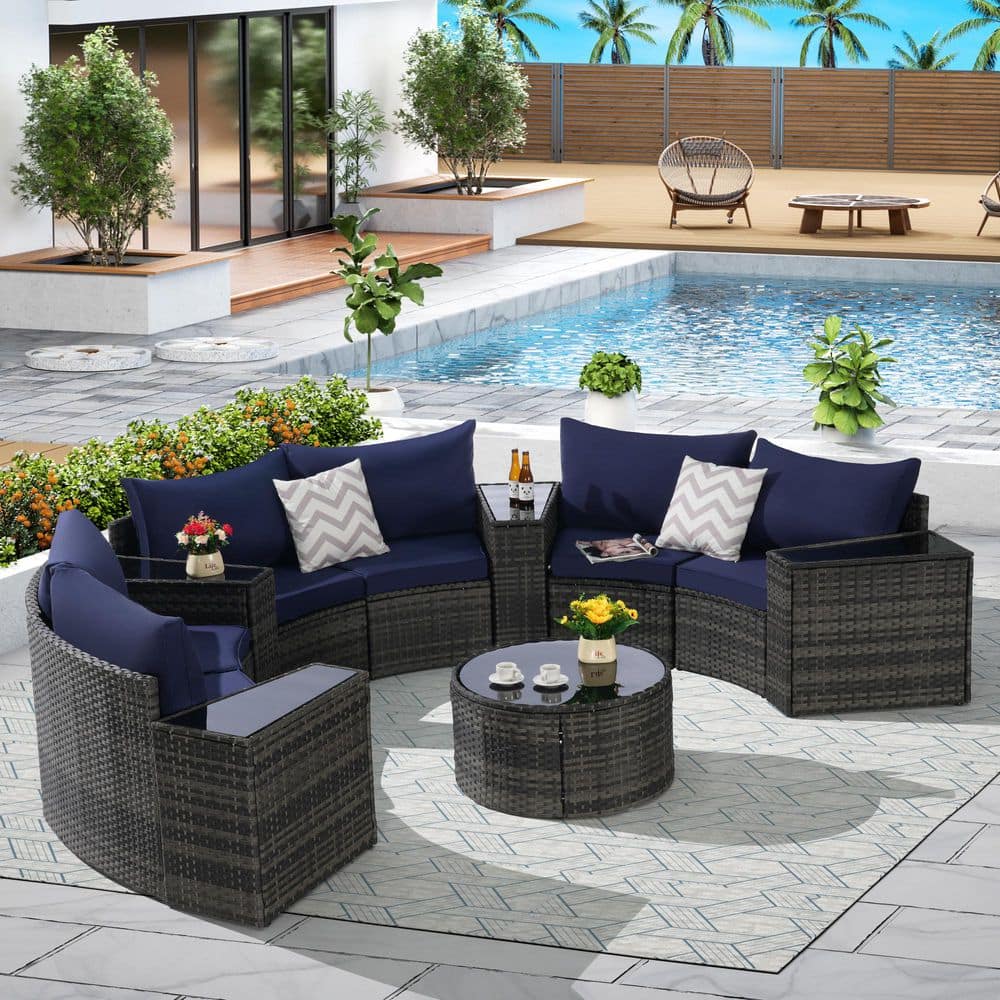 11-Piece Wicker Half-Moon Sectional Round Patio Conversation Set with Dark 