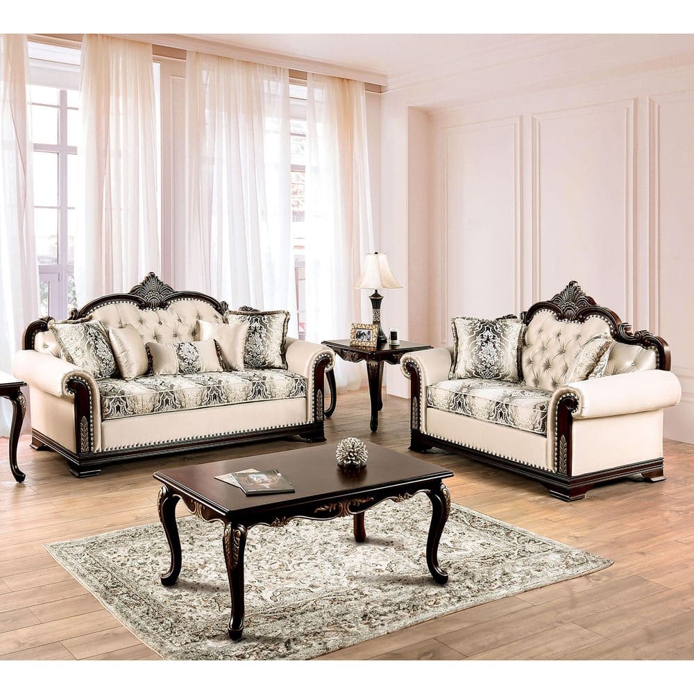 Escola Traditional 2-Piece Dark Cherry/Beige Fabric Button Tufted Living Room Set