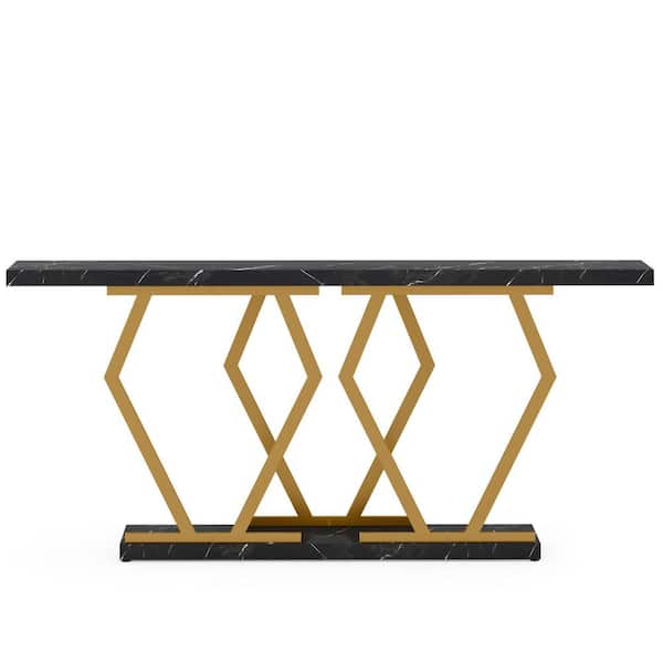 Turrella 70.9 in. Black and Gold Elegant Entryway Table, Rectangle Faux Marble Top Console Table with Geometric Frame
