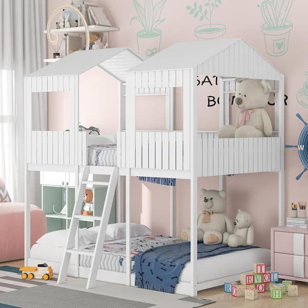 Harper & Bright Designs White Full Over Full Wooden Bunk Bed with Roof, Window, Safety Guardrail, and Ladder