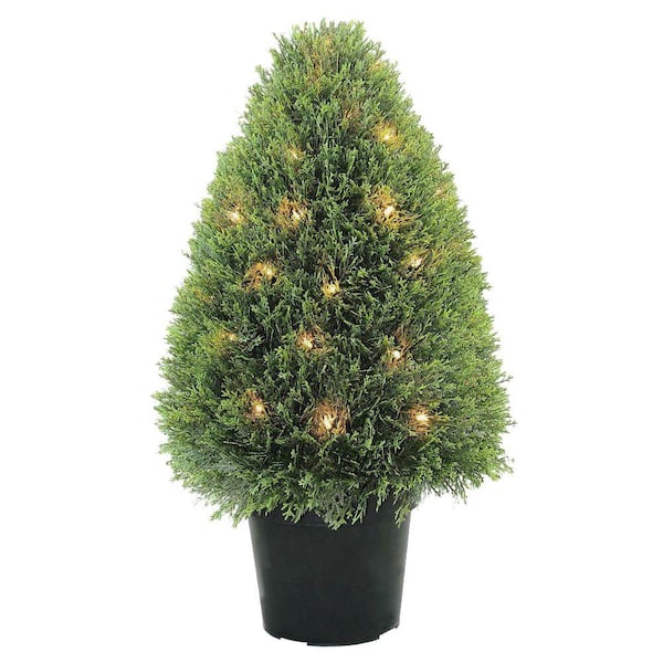 National Tree Company 30 in. Artificial Upright Juniper Tree with Green Round Growers Pot with 50 Clear Lights
