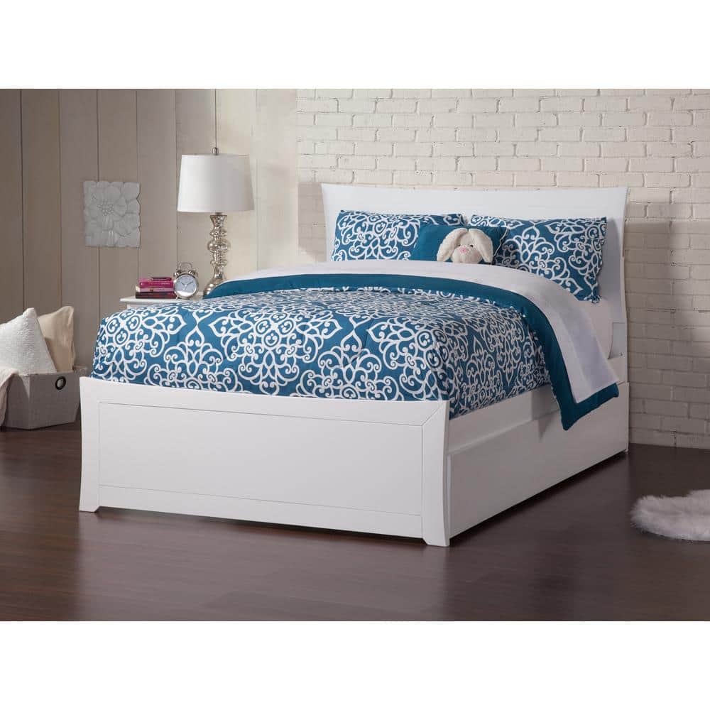 White Full Platform Bed with Wood Headboard and Twin Trundle