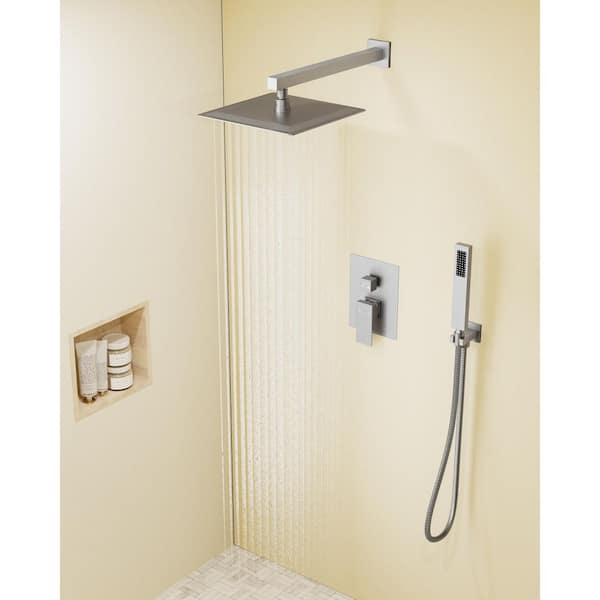 YAWWALK Double Handle 2-Spray Shower Faucet 10 in. Square Shower Head with High Pressure in Brushed Nickel (Valve Included)