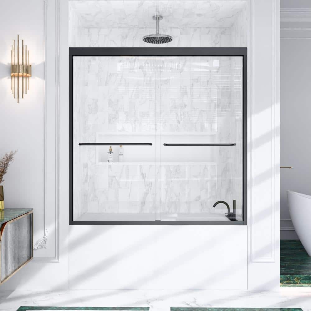 "56 in.-60 in.W x 60 in.H Semi-Frameless Double Sliding Shower Door in Matte Black Finish with 1/4"" in. Tempered Glass" price history on PriceWatchPro