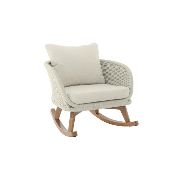 Brooklyn Modern Patio Natural Finish Solid Wood and Beige Rope Woven Outdoor Rocking Chair with Beige Cushions
