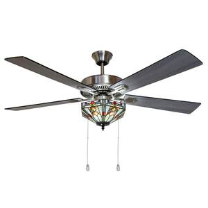 Wright 52 in. Satin Nickel Mission Stained Glass Ceiling Fan with Light
